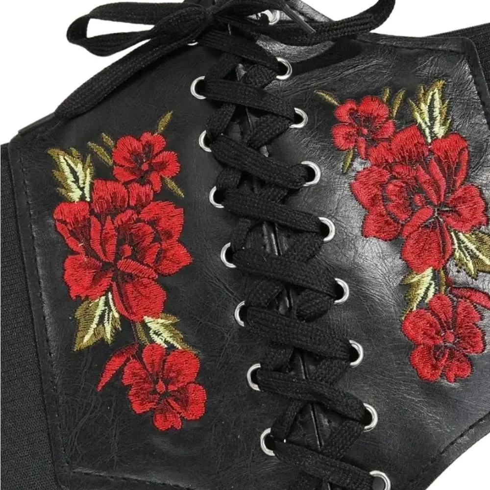 Gothic Corset Belt Black Faux Leather Red Rose Lace Up Waist Cincher Medieval